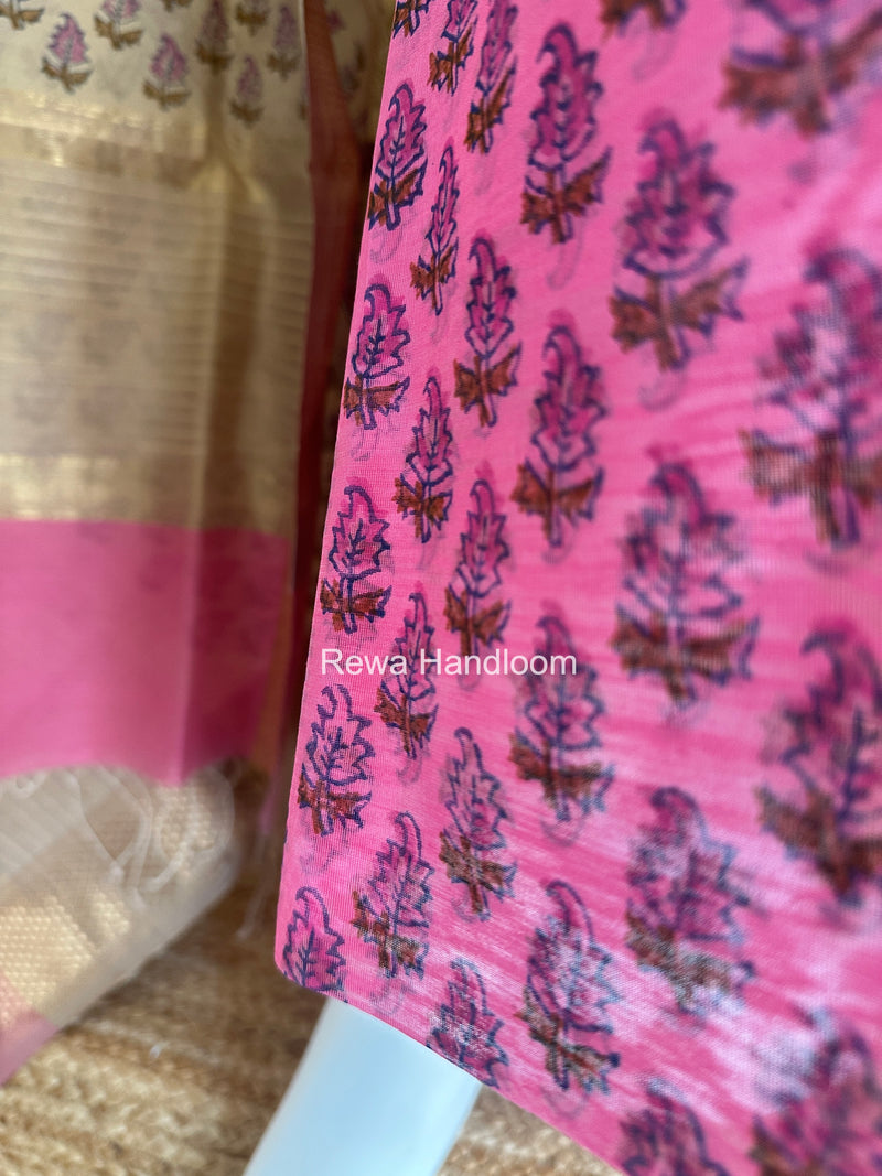 Maheshwari Rani Pink-Tussar Handblock Print Top-Dupatta HBS037