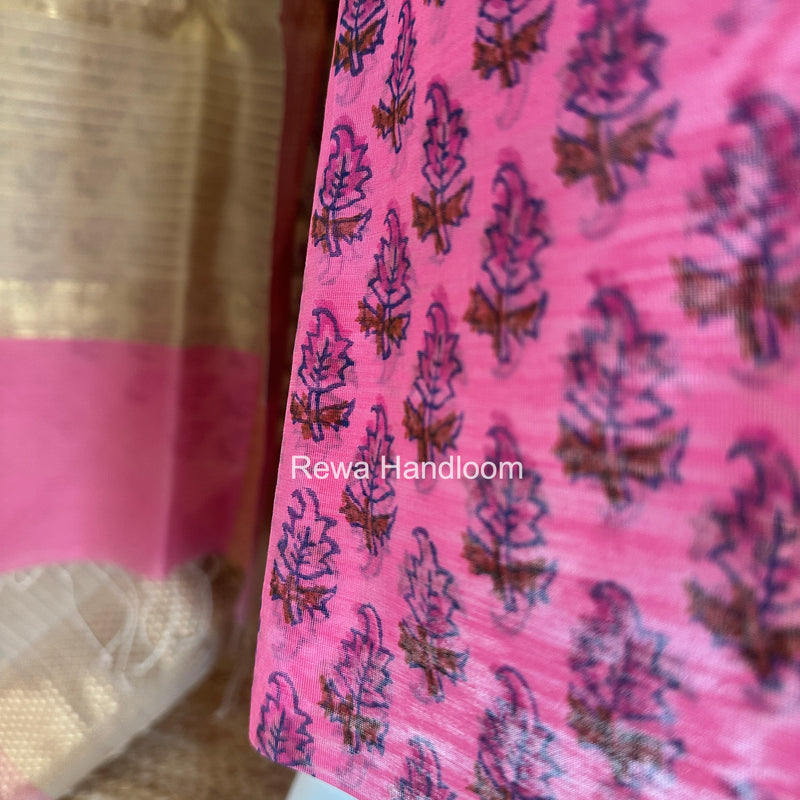 Maheshwari Rani Pink-Tussar Handblock Print Top-Dupatta HBS037