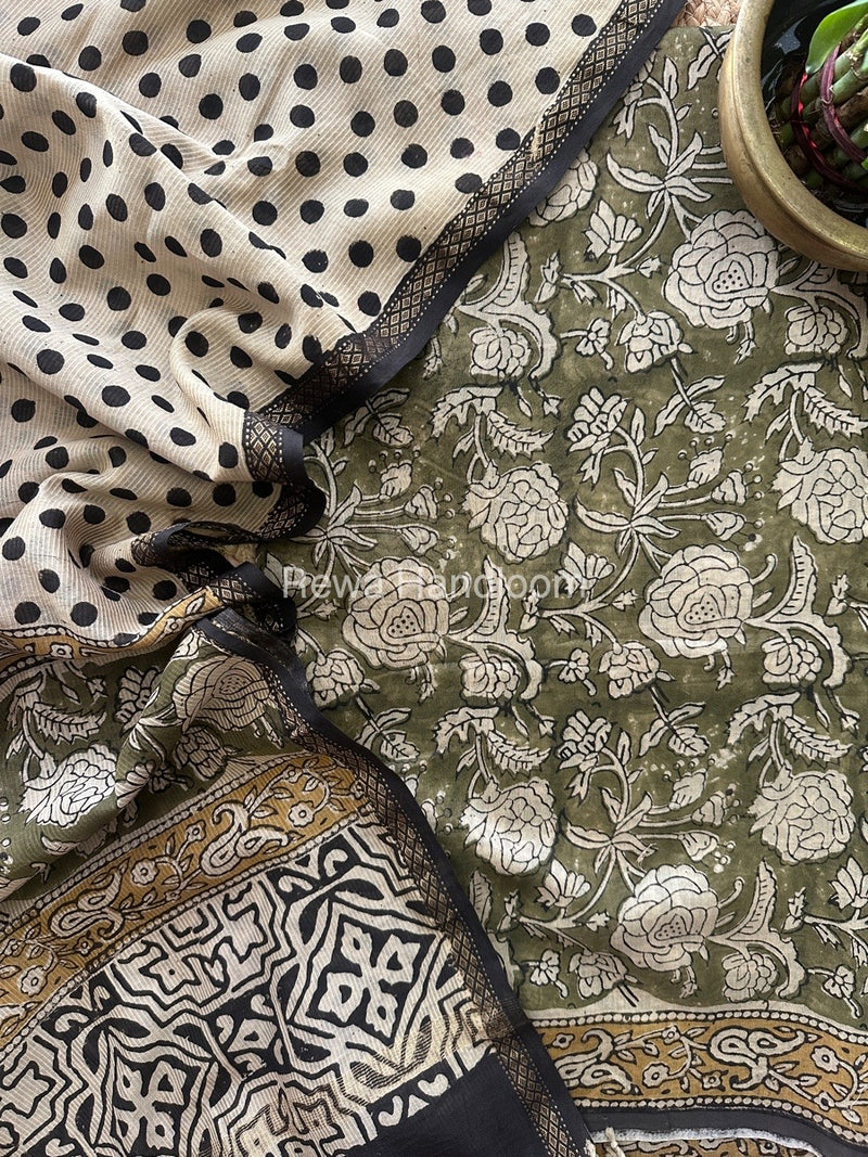 Mehendi Green Dabu Print Silk Top-Dupatta