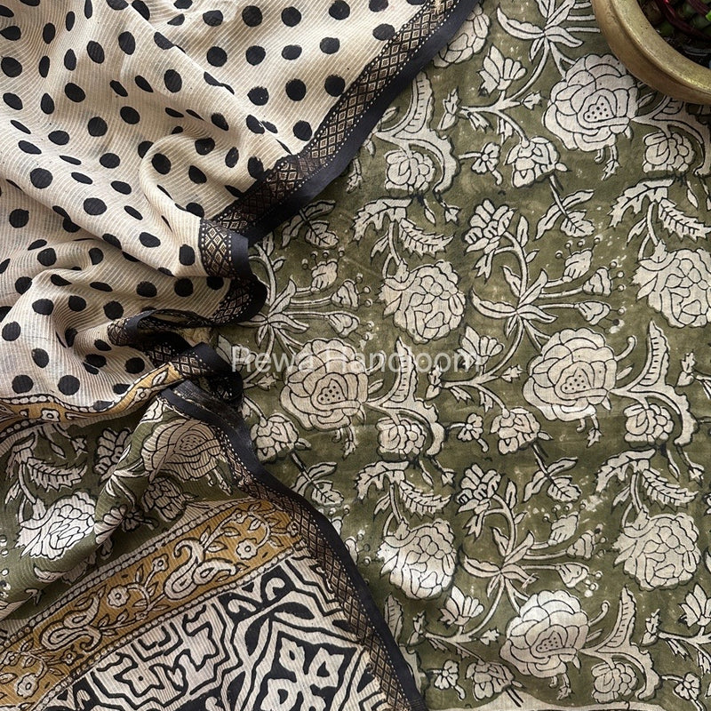 Mehendi Green Dabu Print Silk Top-Dupatta