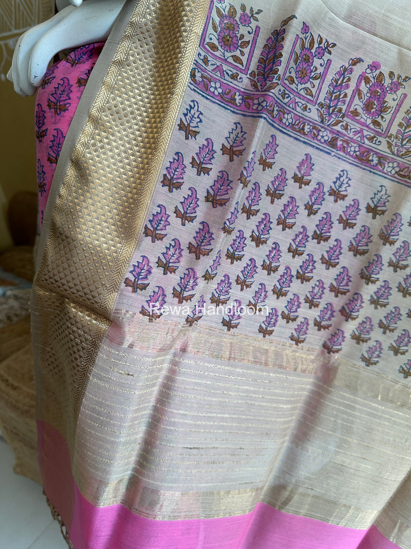 Maheshwari Rani Pink-Tussar Handblock Print Top-Dupatta HBS037