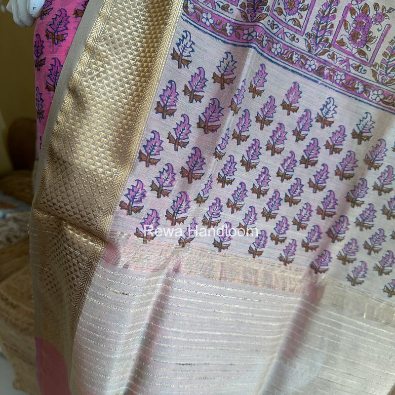 Maheshwari Rani Pink-Tussar Handblock Print Top-Dupatta HBS037
