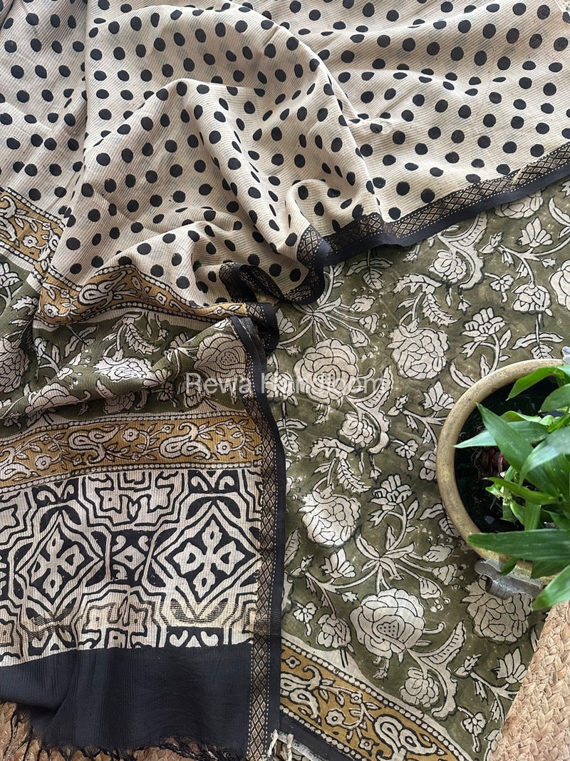 Mehendi Green Dabu Print Silk Top-Dupatta DPSD012