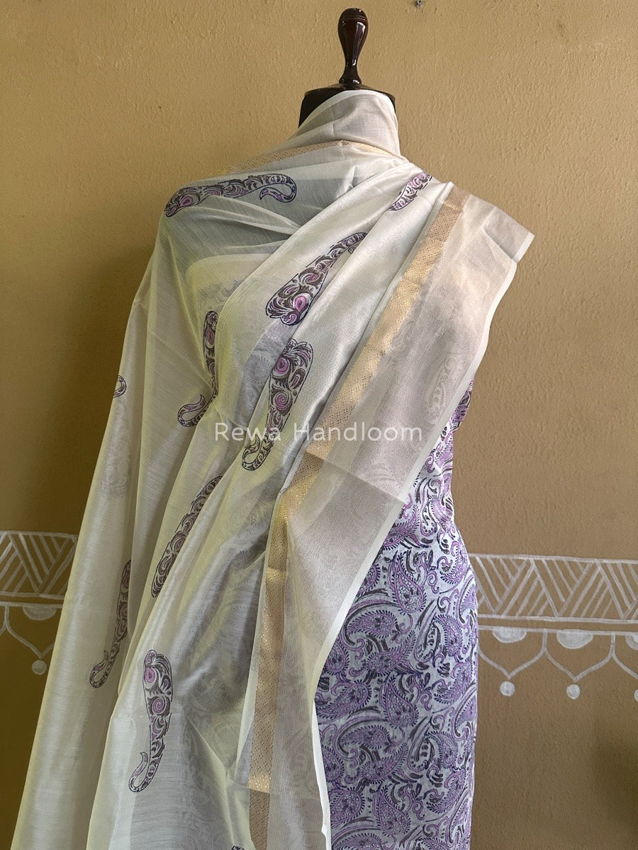 Maheshwari Light Purple-White Handblock Print Top-Dupatta HBS086