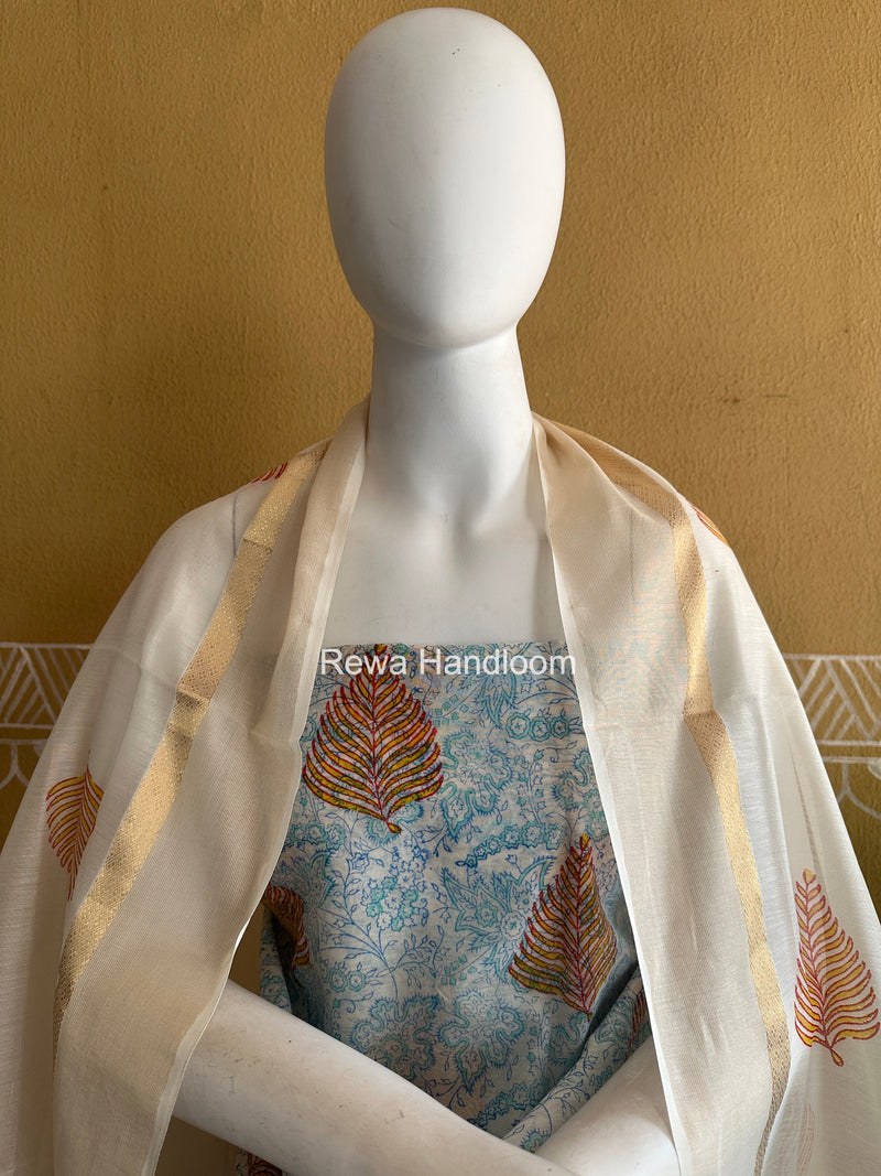 Maheshwari White Handblock Print Top-Dupatta HBS0187