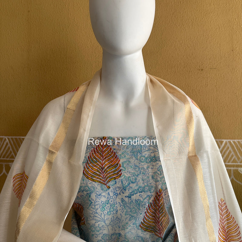 Maheshwari White Handblock Print Top-Dupatta HBS0187