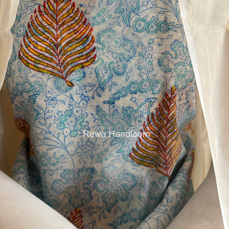 Maheshwari White Handblock Print Top-Dupatta HBS0187