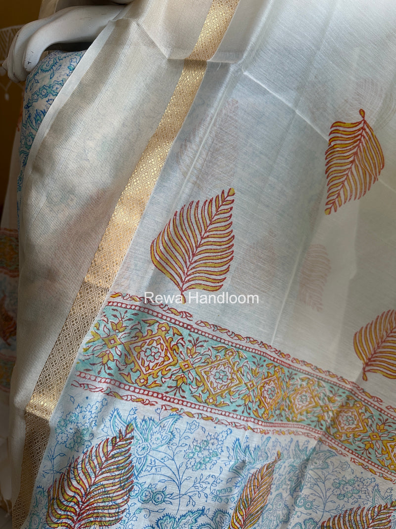 Maheshwari White Handblock Print Top-Dupatta HBS0187
