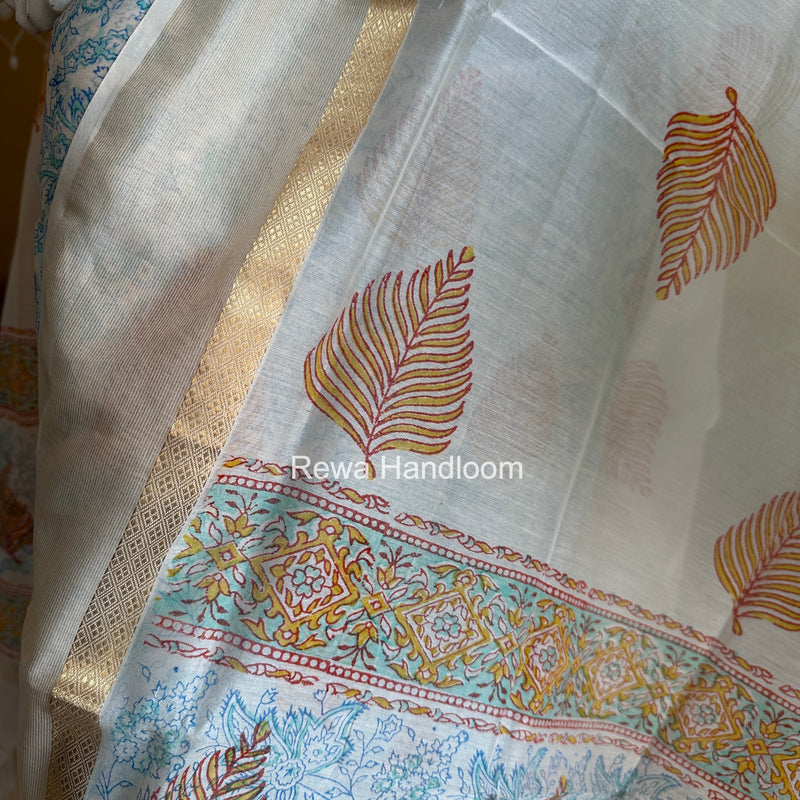 Maheshwari White Handblock Print Top-Dupatta HBS0187