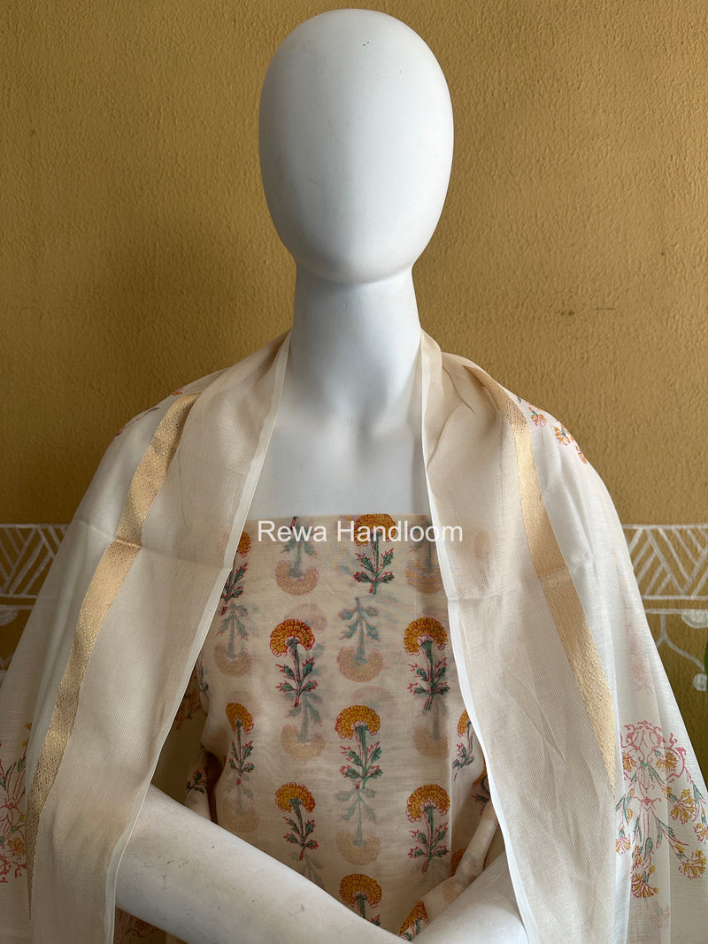 Maheshwari White Handblock Print Top-Dupatta HBS0160