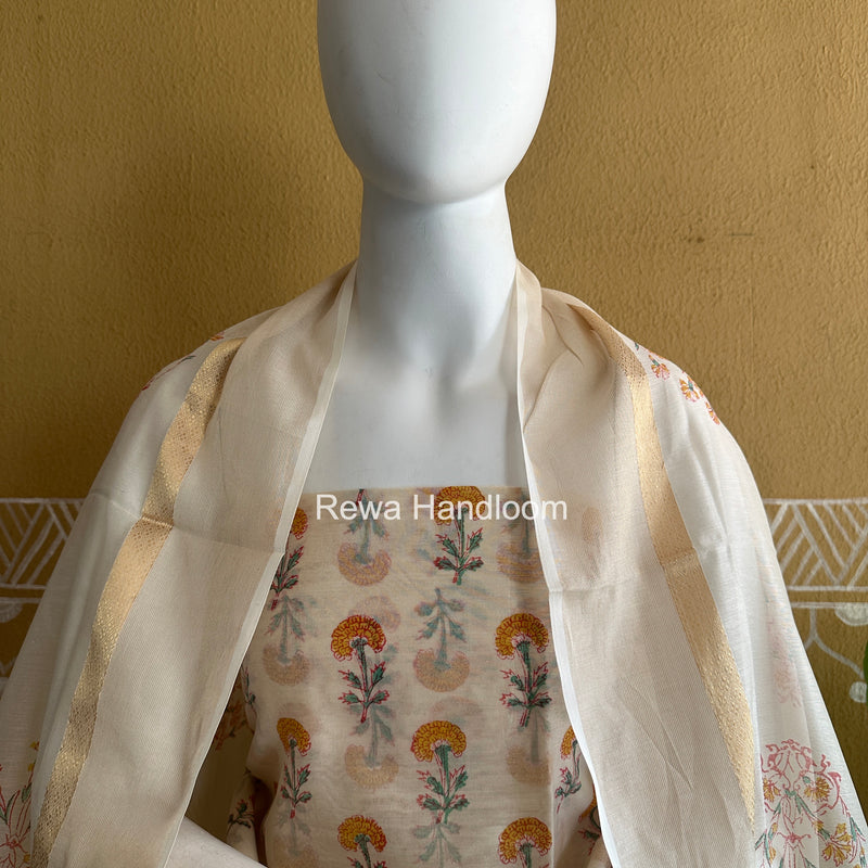 Maheshwari White Handblock Print Top-Dupatta HBS0160