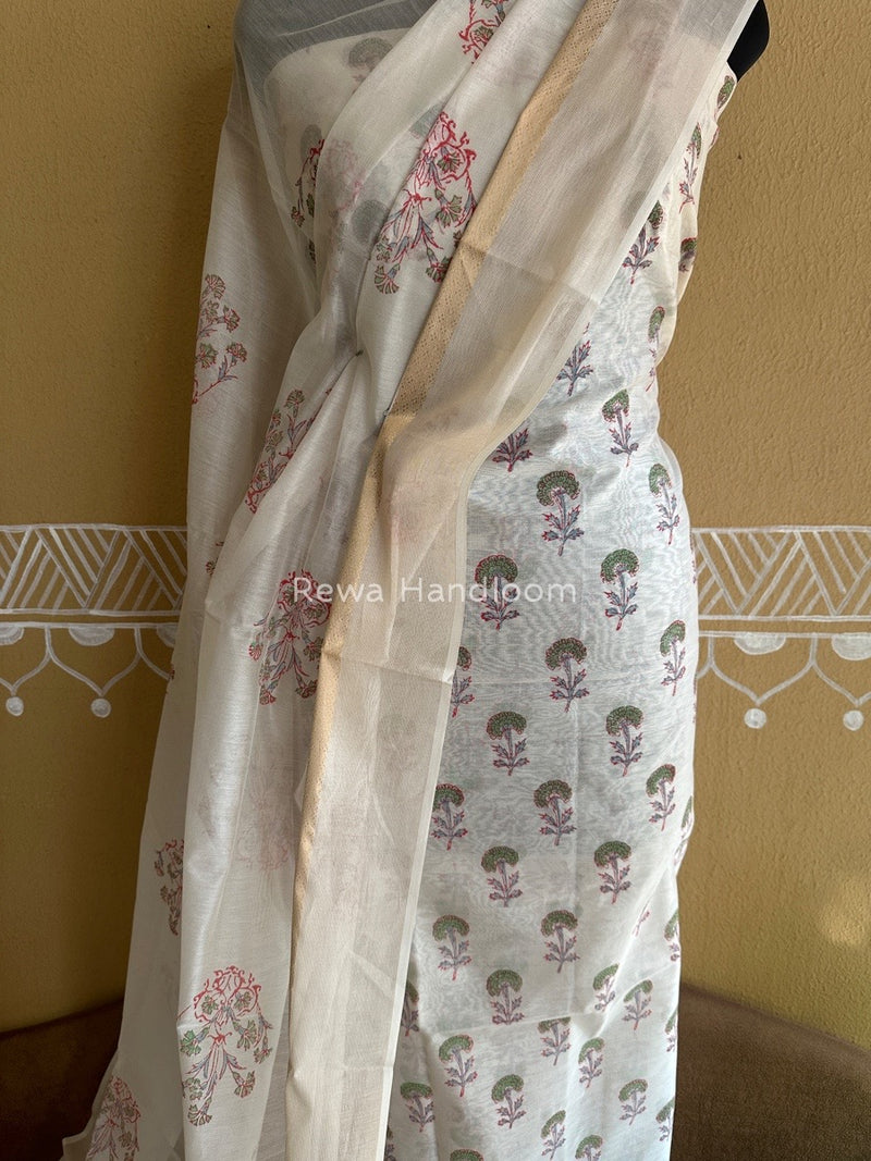 Maheshwari White Handblock Print Top-Dupatta HBS0104