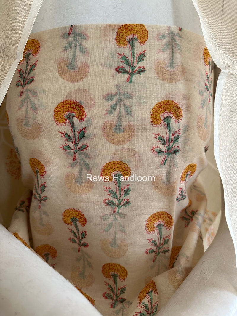 Maheshwari White Handblock Print Top-Dupatta HBS0160