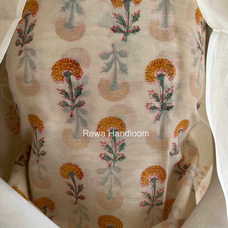 Maheshwari White Handblock Print Top-Dupatta HBS0160