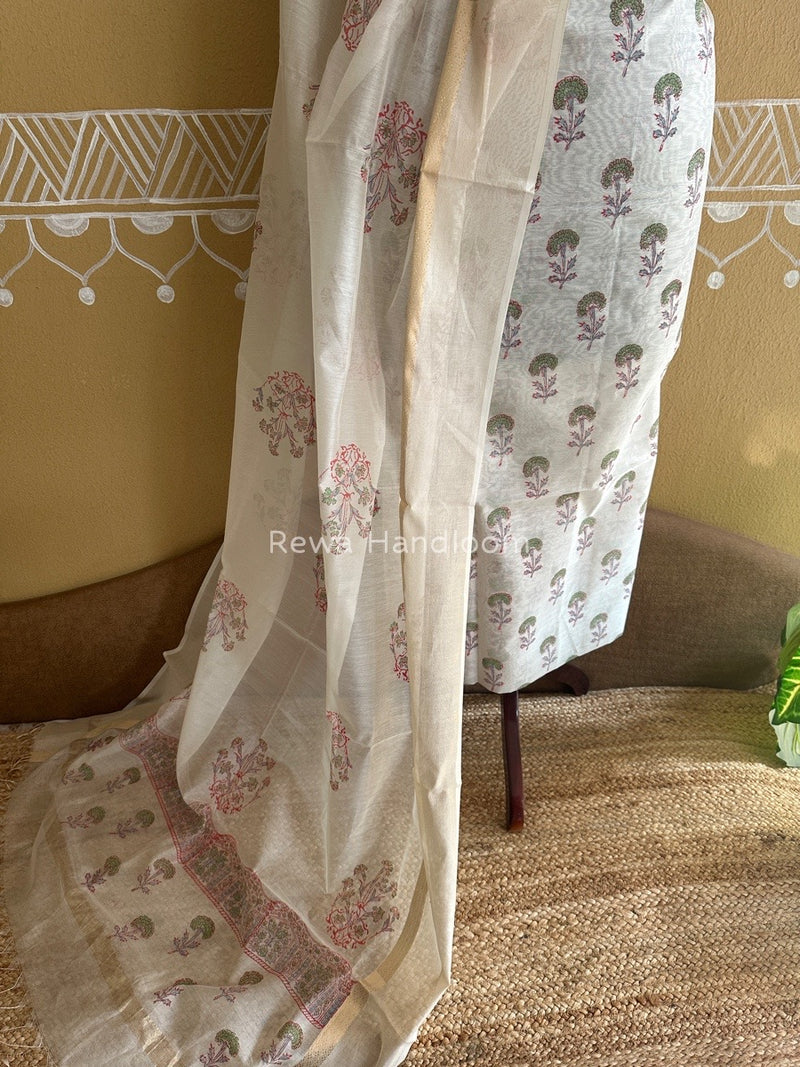 Maheshwari White Handblock Print Top-Dupatta HBS0104