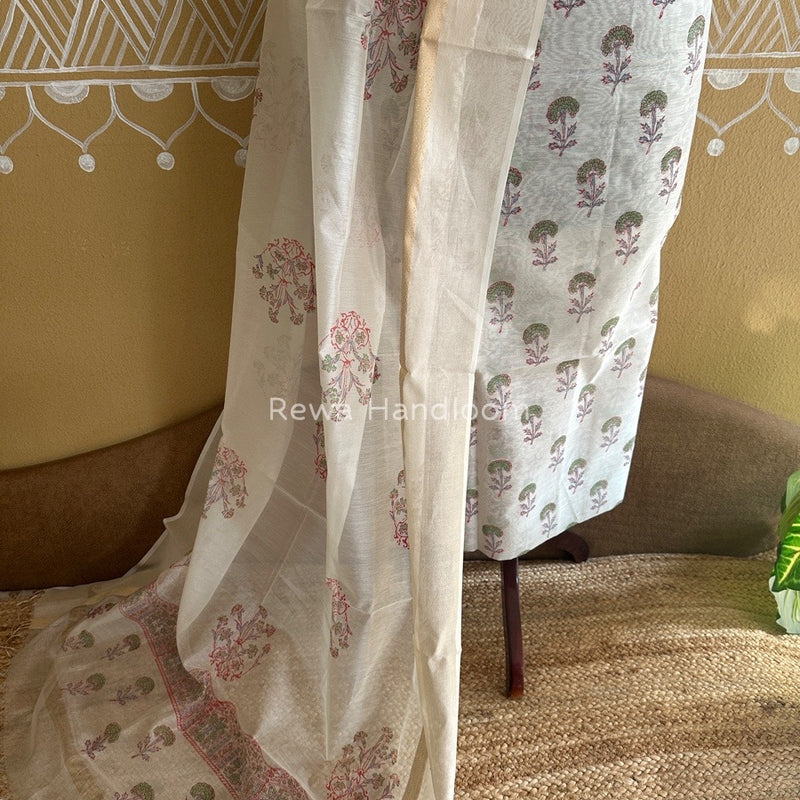 Maheshwari White Handblock Print Top-Dupatta HBS0104