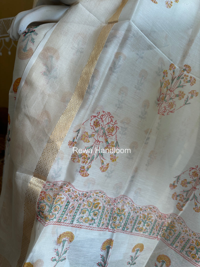 Maheshwari White Handblock Print Top-Dupatta HBS0160