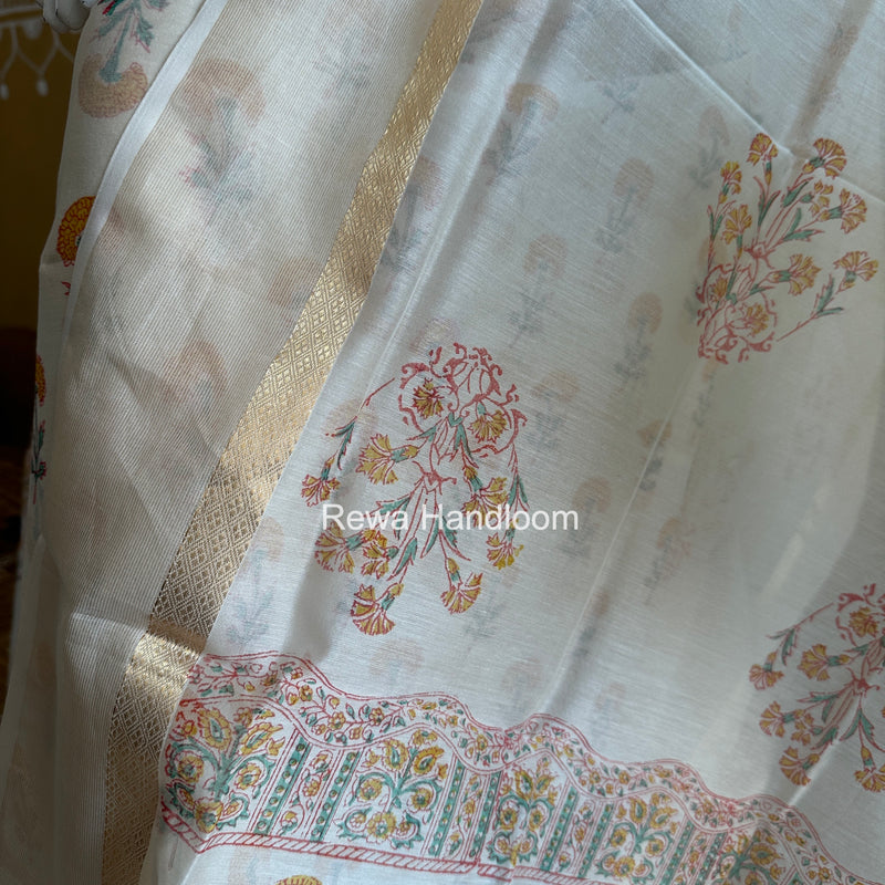 Maheshwari White Handblock Print Top-Dupatta HBS0160