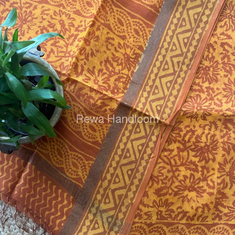 Mustard Yellow Dabu Print Silk Top-Dupatta DPSD03