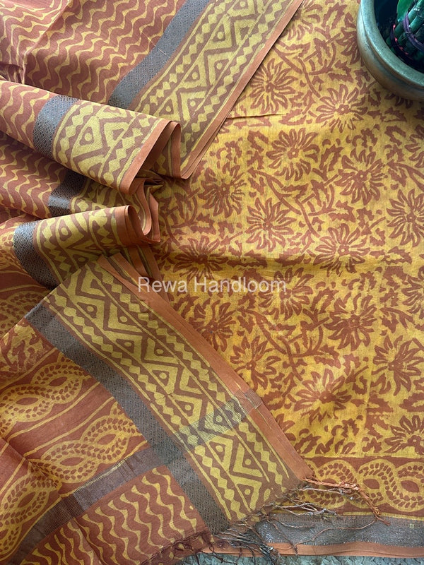 Mustard Yellow Dabu Print Silk Top-Dupatta