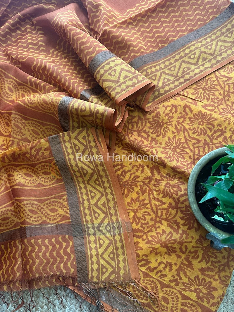 Mustard Yellow Dabu Print Silk Top-Dupatta DPSD03