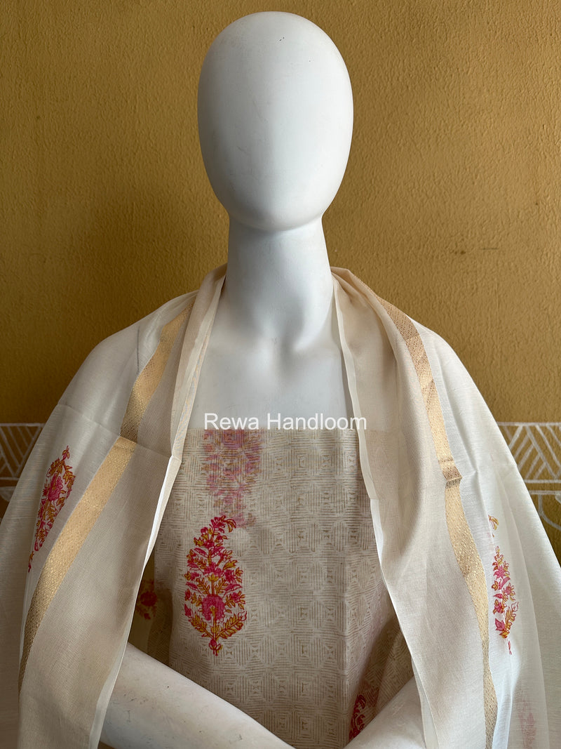 Maheshwari White Handblock Print Top-Dupatta HBS0180