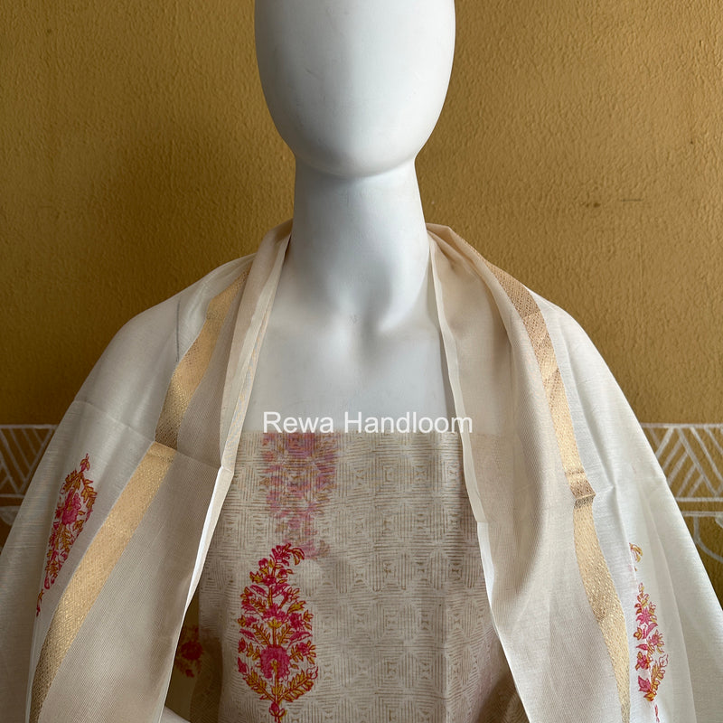 Maheshwari White Handblock Print Top-Dupatta HBS0180