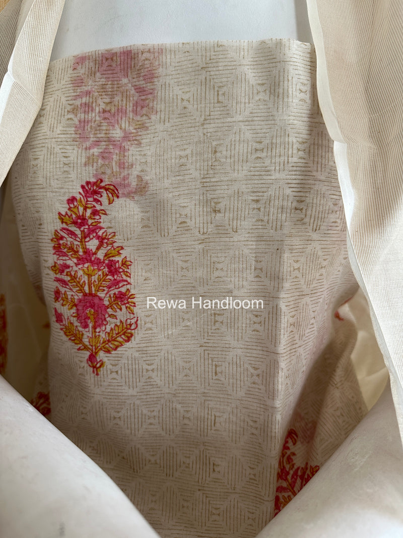 Maheshwari White Handblock Print Top-Dupatta HBS0180