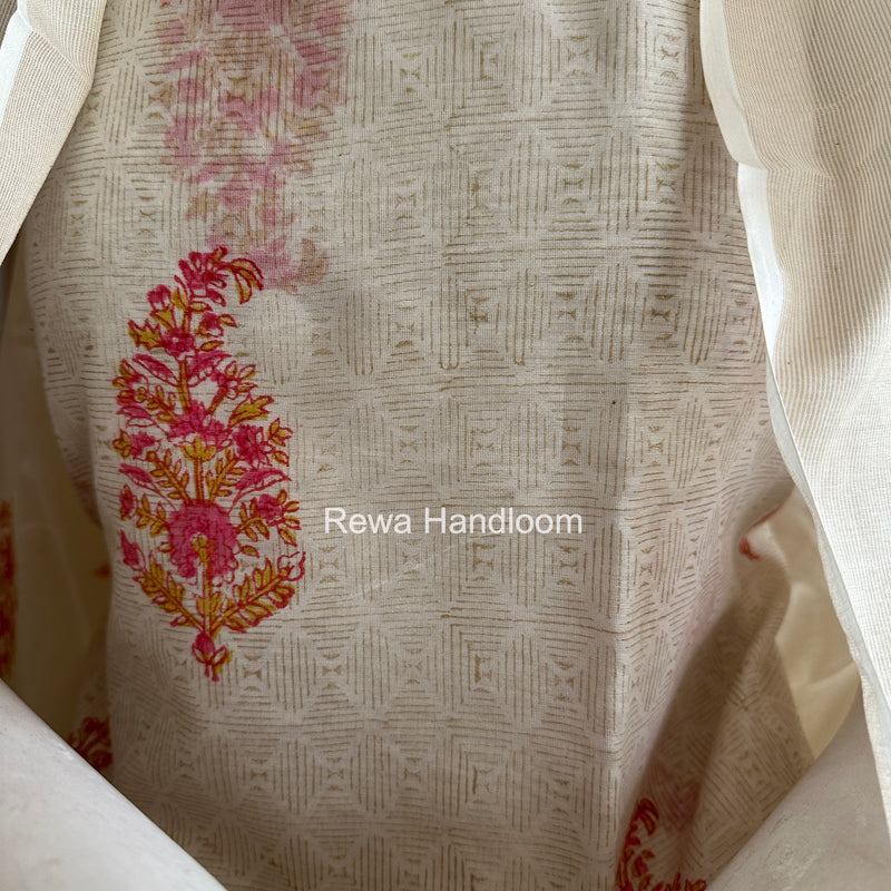 Maheshwari White Handblock Print Top-Dupatta HBS0180