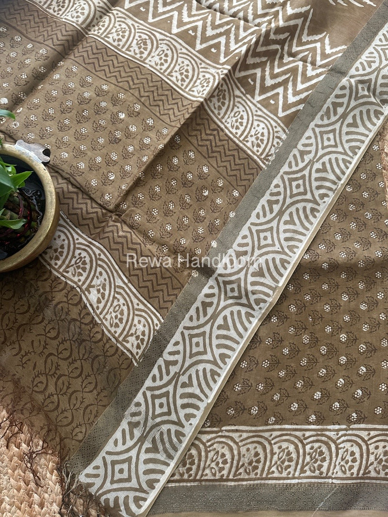 Olive Green Dabu Print Silk Top-Dupatta DPSD06