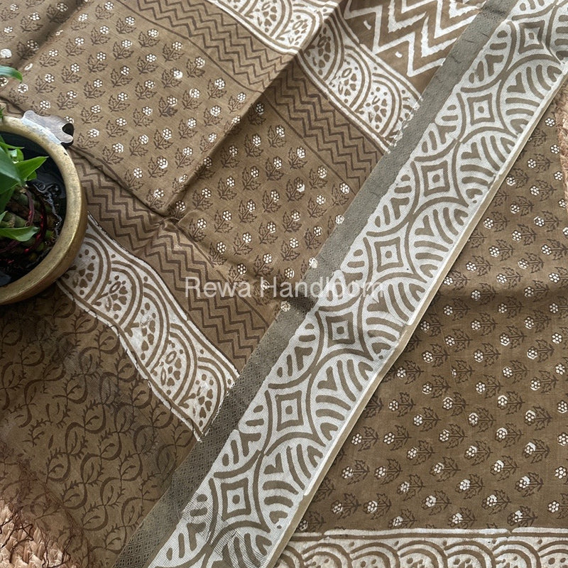 Olive Green Dabu Print Silk Top-Dupatta DPSD06