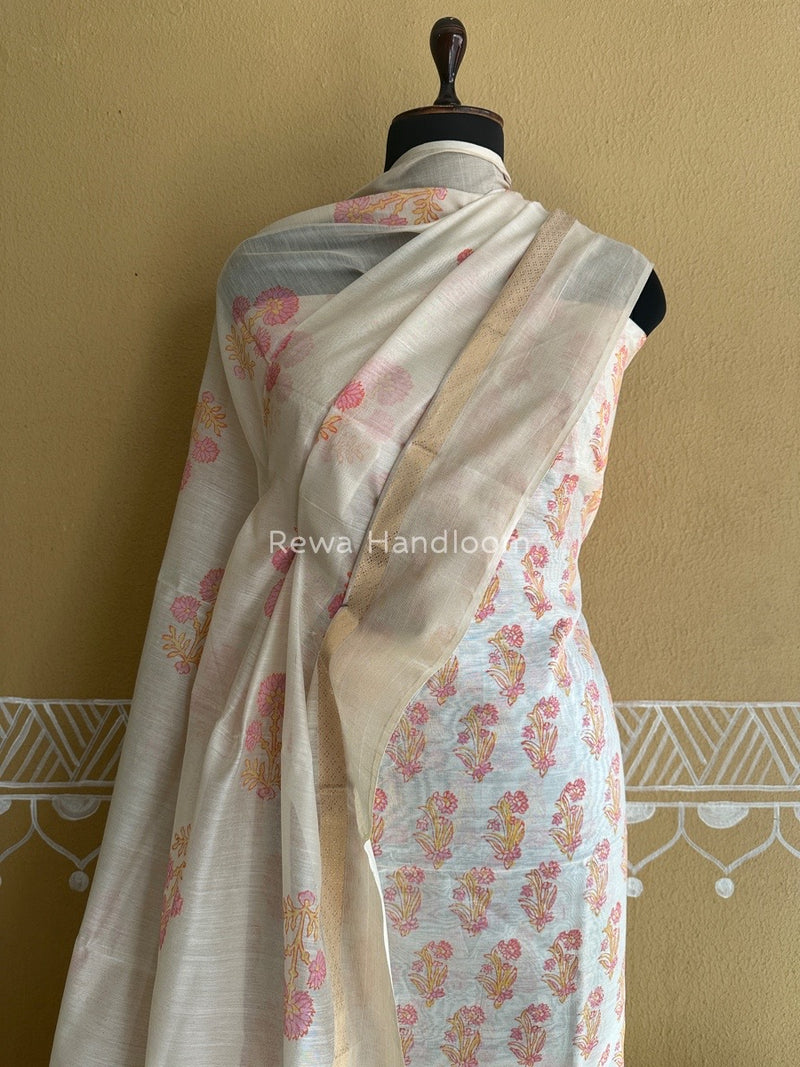 Maheshwari White Handblock Print Top-Dupatta HBS097