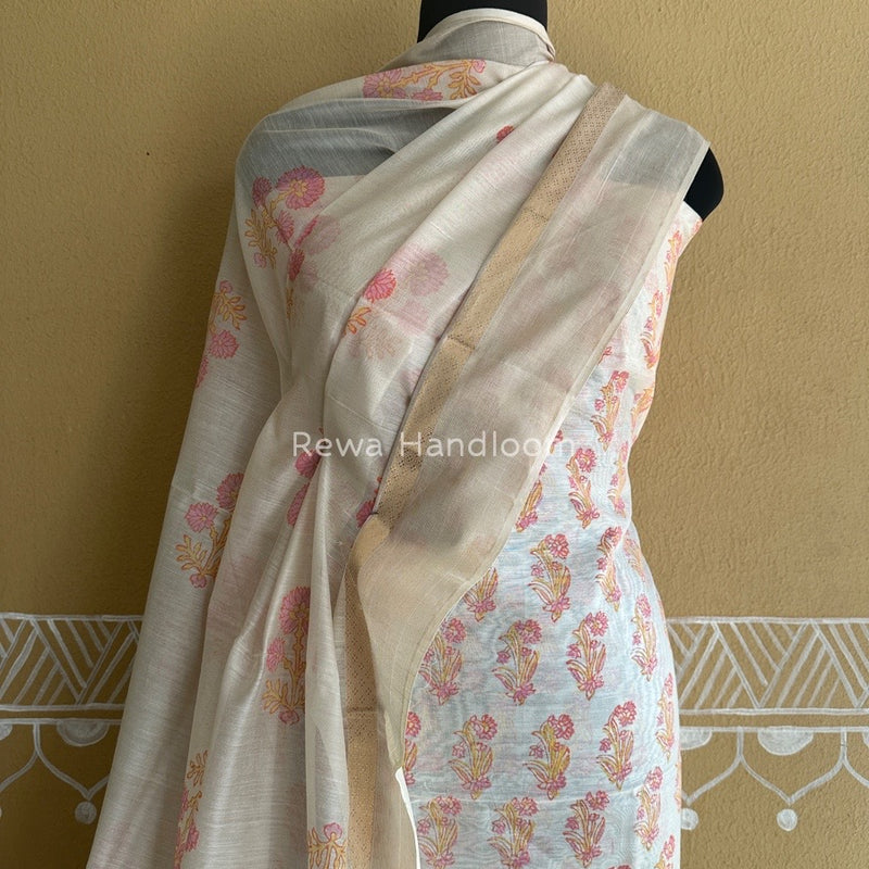 Maheshwari White Handblock Print Top-Dupatta HBS097