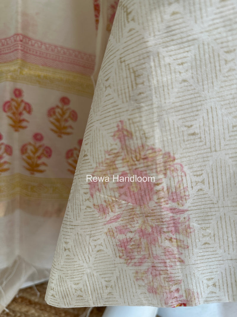 Maheshwari White Handblock Print Top-Dupatta HBS0180