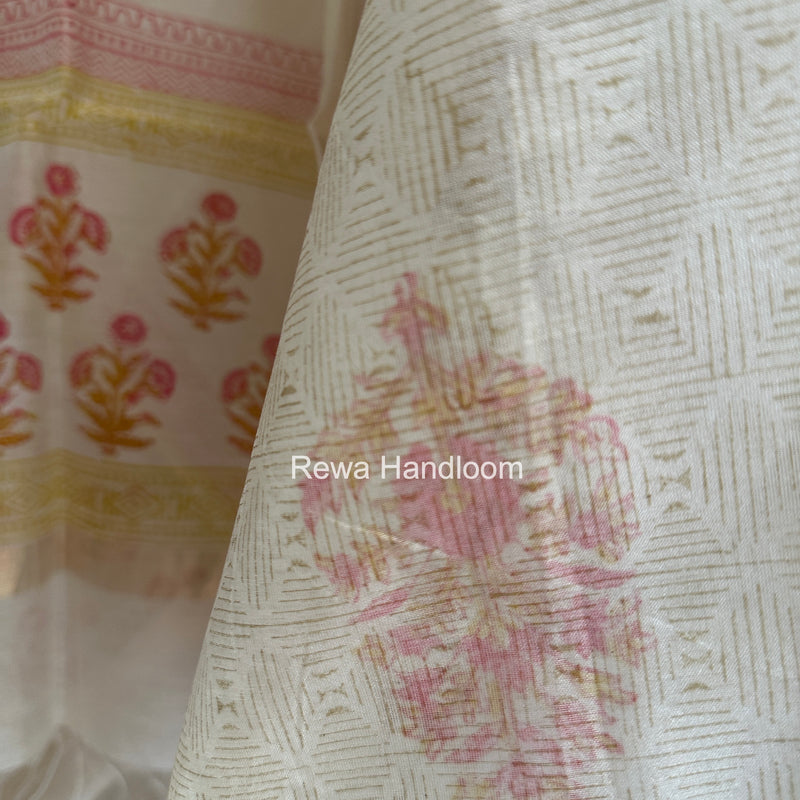 Maheshwari White Handblock Print Top-Dupatta HBS0180