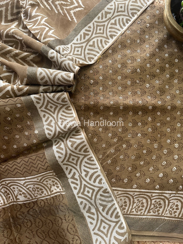 Olive Green Dabu Print Silk Top-Dupatta