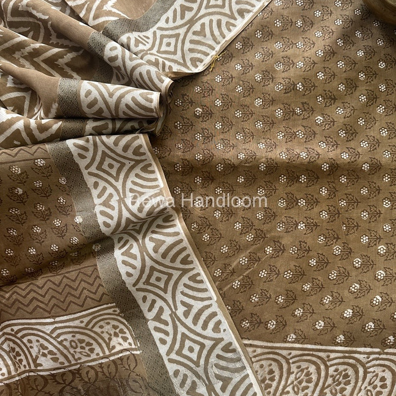 Olive Green Dabu Print Silk Top-Dupatta