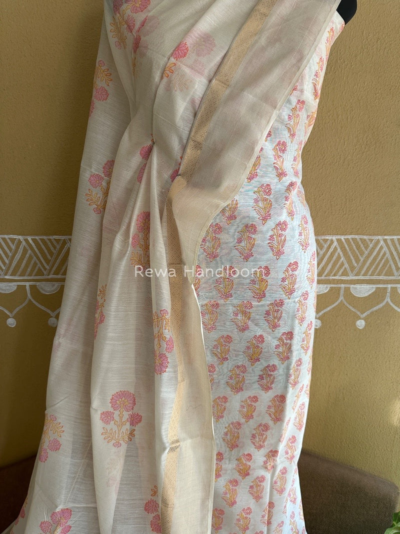 Maheshwari White Handblock Print Top-Dupatta HBS097