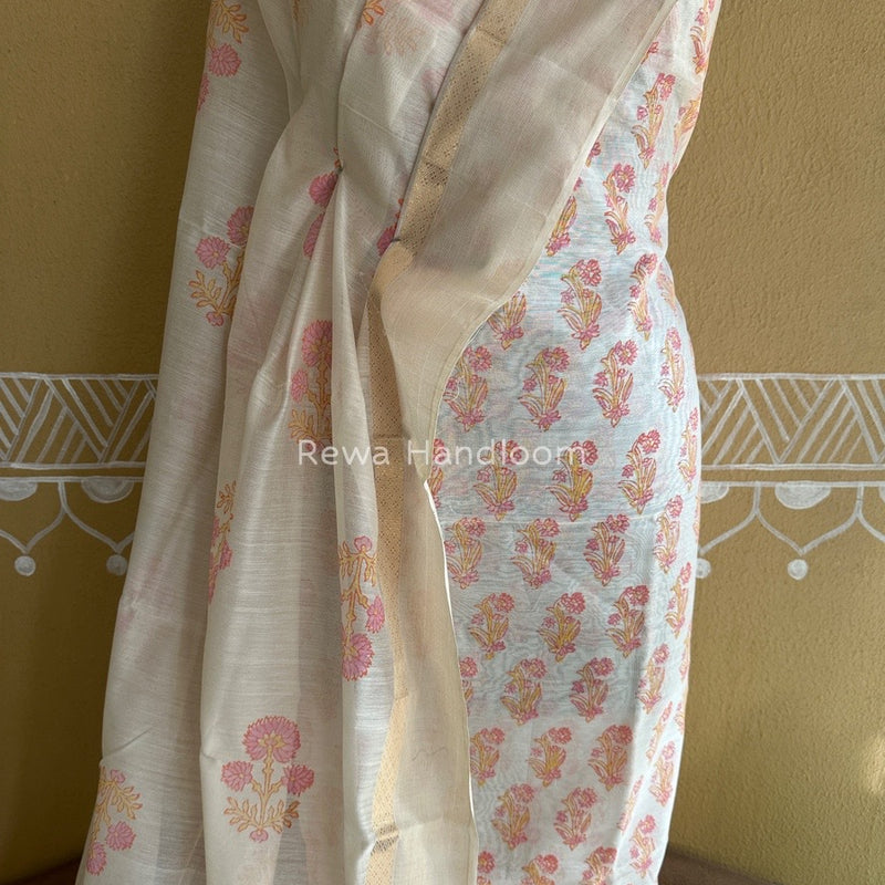 Maheshwari White Handblock Print Top-Dupatta HBS097