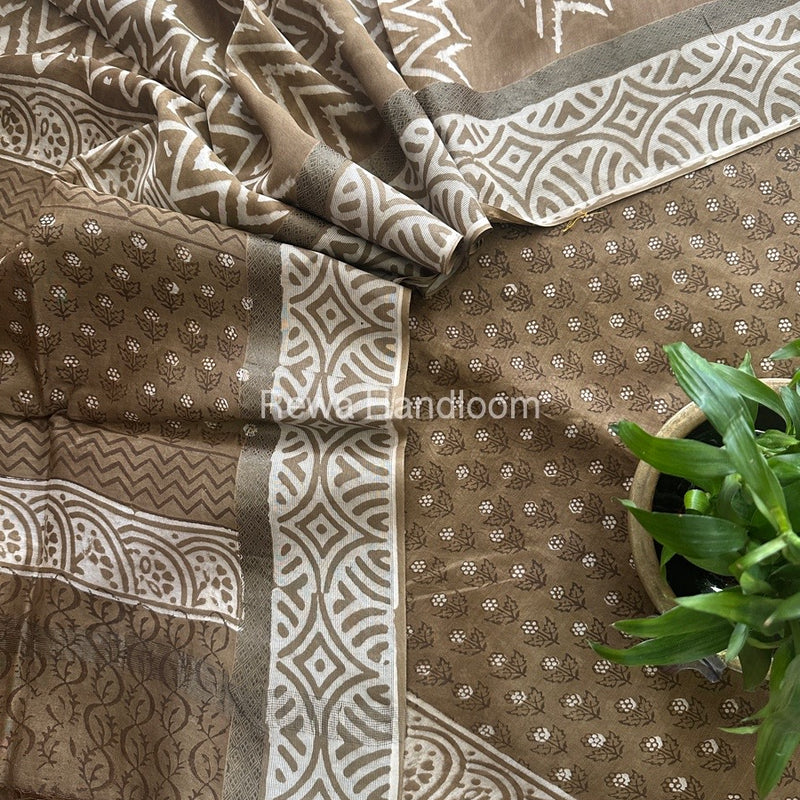 Olive Green Dabu Print Silk Top-Dupatta DPSD06