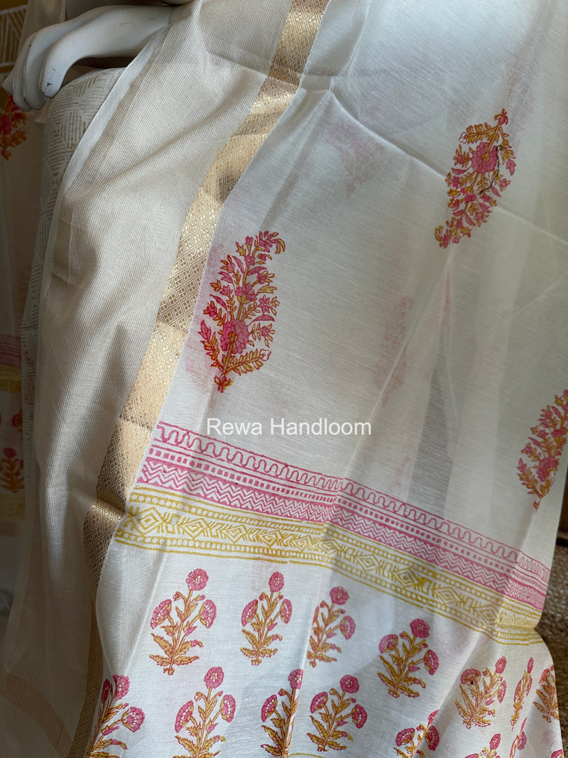 Maheshwari White Handblock Print Top-Dupatta HBS0180