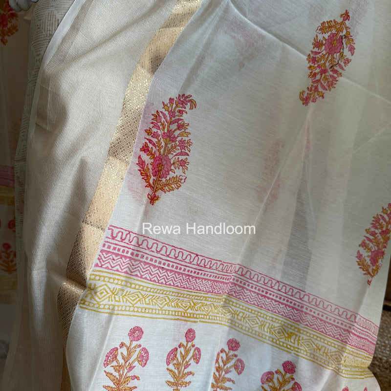Maheshwari White Handblock Print Top-Dupatta HBS0180