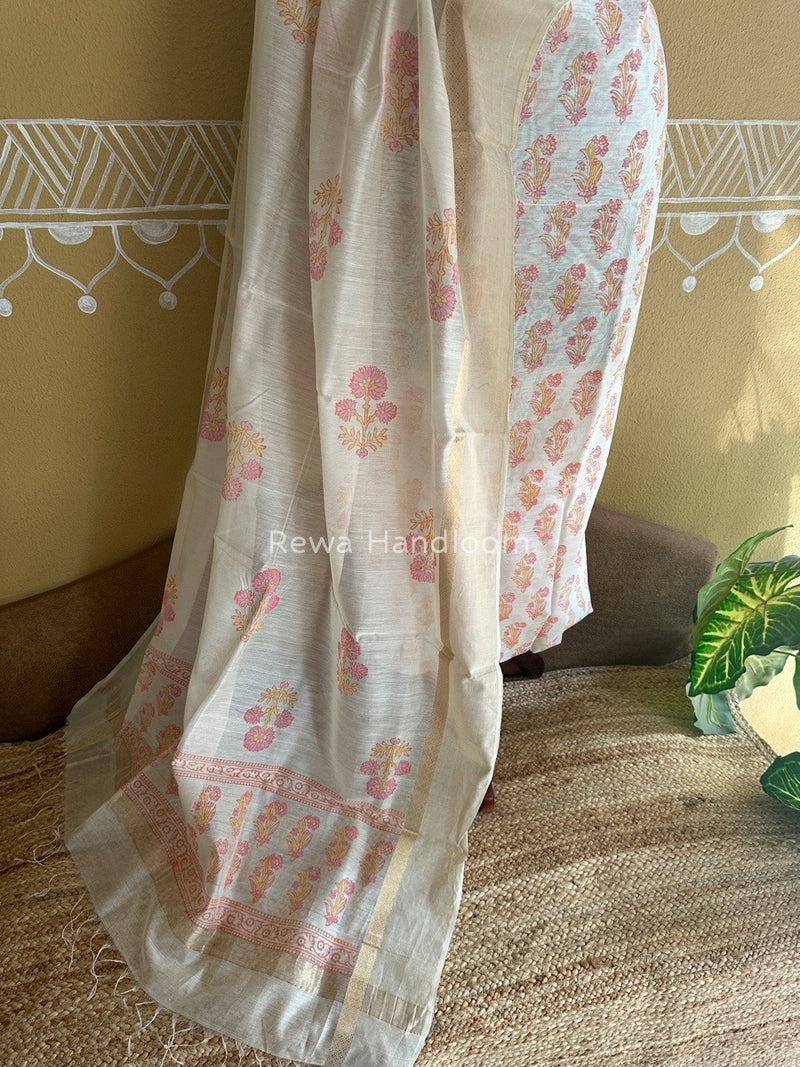 Maheshwari White Handblock Print Top-Dupatta HBS097