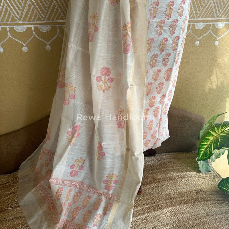 Maheshwari White Handblock Print Top-Dupatta HBS097