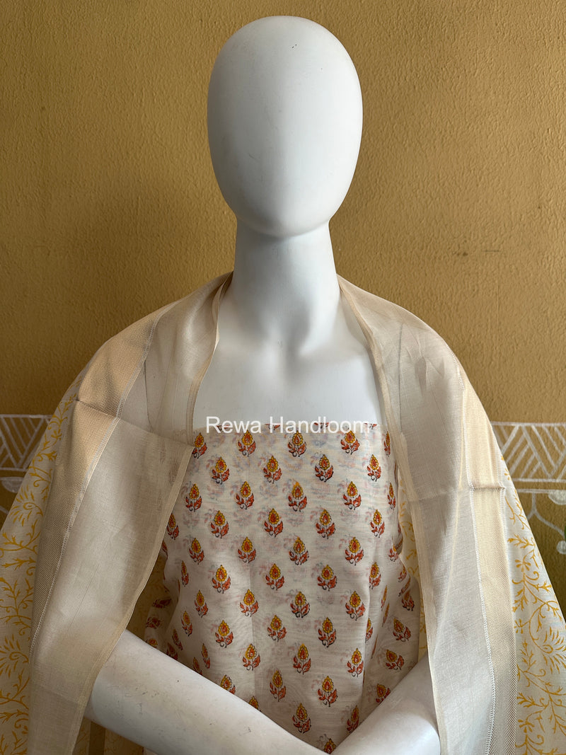 Maheshwari White Handblock Print Top-Dupatta HBS0177
