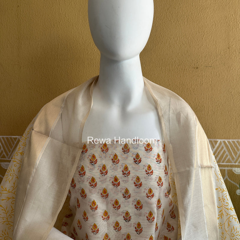 Maheshwari White Handblock Print Top-Dupatta HBS0177