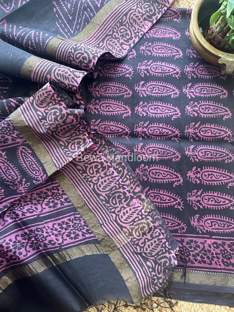 Black Dabu Print Silk Top-Dupatta