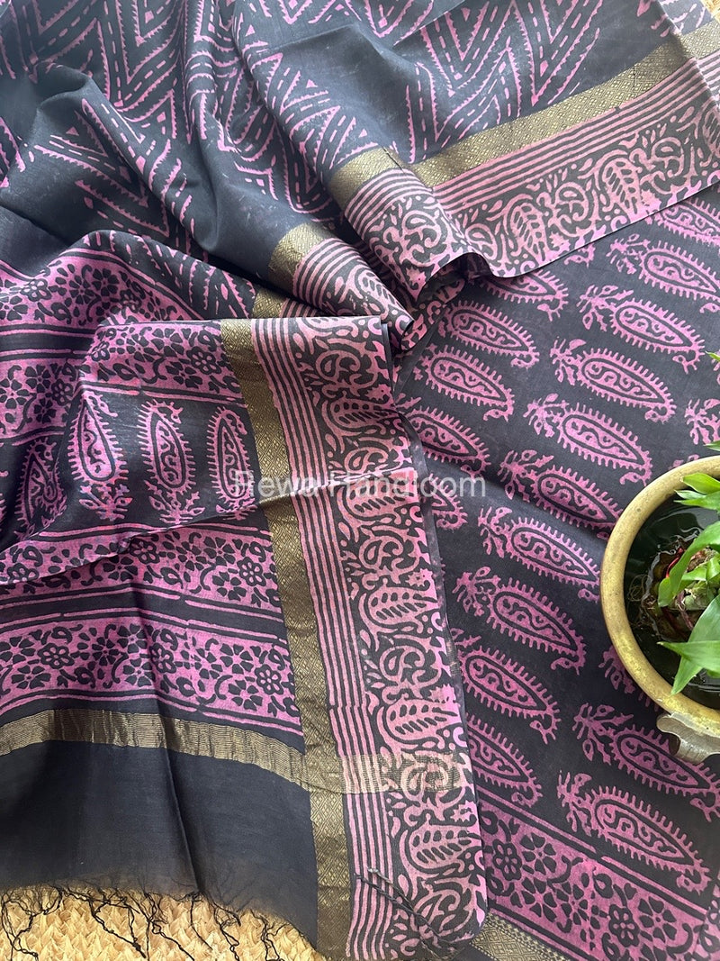 Black Dabu Print Silk Top-Dupatta DPSD07