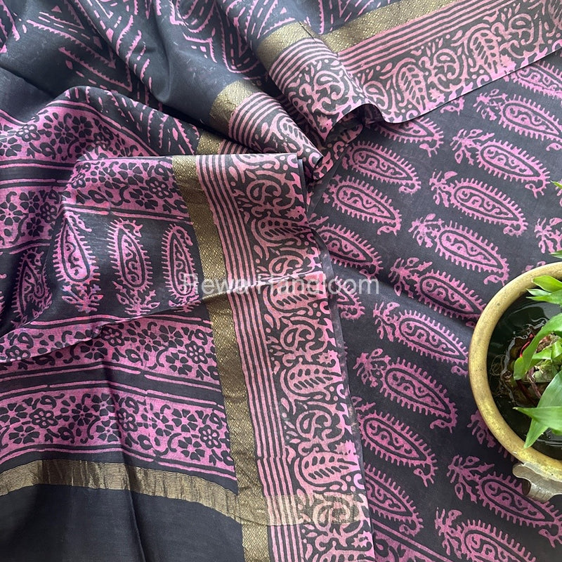 Black Dabu Print Silk Top-Dupatta DPSD07