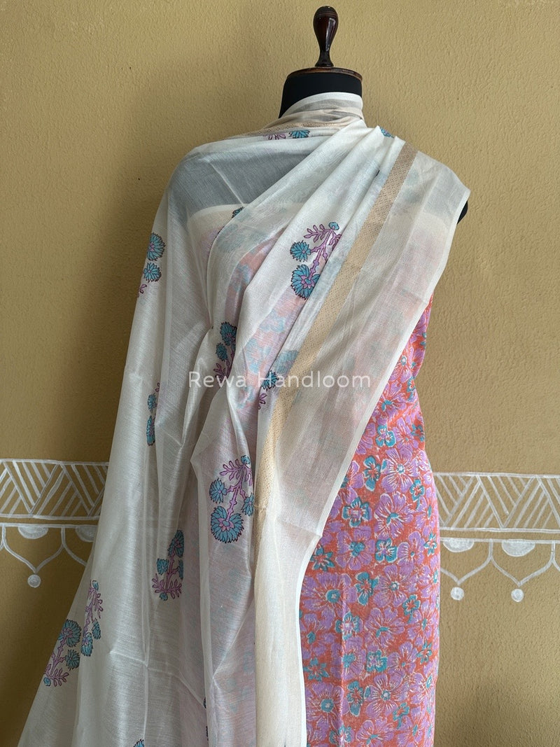 Maheshwari Orange-White Handblock Print Top-Dupatta HBS098